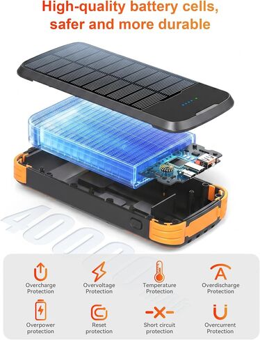Solar Power Bank 40000mAh PD20W Fast Charging Portable Solar Charger | Built-in 4 Cables, 3 Ports, Dual Bright Flashlight, External Battery Pack for Camping, Hiking, and Outdoor Use, Orange in Kuwait