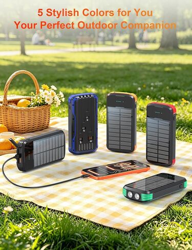 Solar Power Bank 40000mAh PD20W Fast Charging Portable Solar Charger | Built-in 4 Cables, 3 Ports, Dual Bright Flashlight, External Battery Pack for Camping, Hiking, and Outdoor Use, Orange in Kuwait