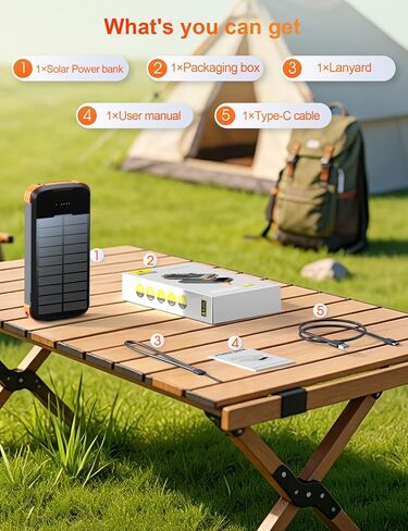Solar Power Bank 40000mAh PD20W Fast Charging Portable Solar Charger | Built-in 4 Cables, 3 Ports, Dual Bright Flashlight, External Battery Pack for Camping, Hiking, and Outdoor Use, Orange in Kuwait