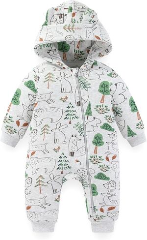 Zipper Baby Boys Girl Hooded Fleece Romper Long Sleeve Jumpsuit | unisex,60%cotton 40%polyester,fleece lined,two-way zipper,hooded,warm,everyday wear,newborn essential in Kuwait