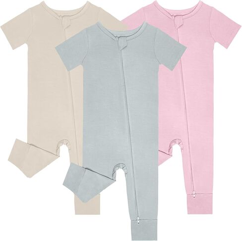 short sleeve footless pajamas, 3pack Baby Pajamas Summer 2 Way Zipper Rompers Pink+Coffee+Light Silver Grey 0-3 M in Kuwait