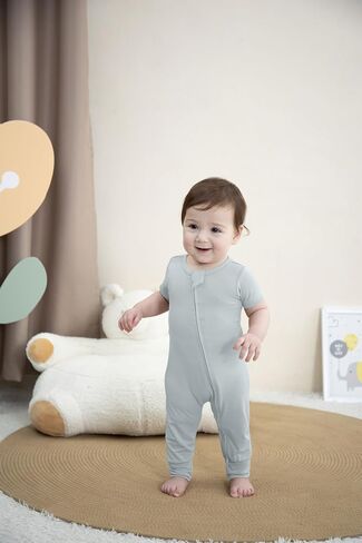 short sleeve footless pajamas, 3pack Baby Pajamas Summer 2 Way Zipper Rompers Pink+Coffee+Light Silver Grey 0-3 M in Kuwait