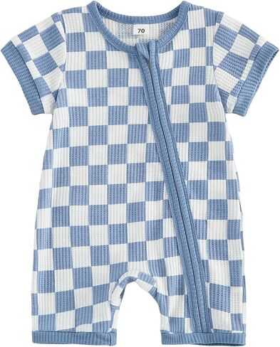 Karuedoo Newborn Infant Baby Boy Clothes Checkerboard Waffle Knit Zipper Short Sleeve Romper Jumpsuit One Piece Outfit in Kuwait