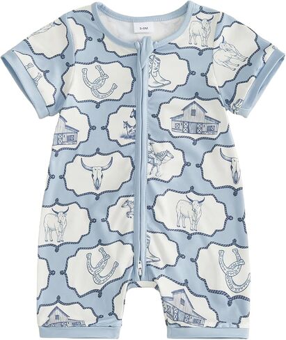Baby Boy Western Clothes Cowboy Outfit Summer Newborn Horse Print Short Sleeve Romper Infant Country Zipper Jumpsuit in Kuwait