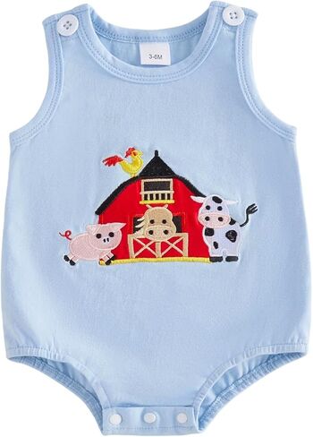 Baby Boy Farm Clothes Animal Embroidered Bubble Romper Tank Onesie Sleeveless Bodysuit Summer Country Outfit in Kuwait