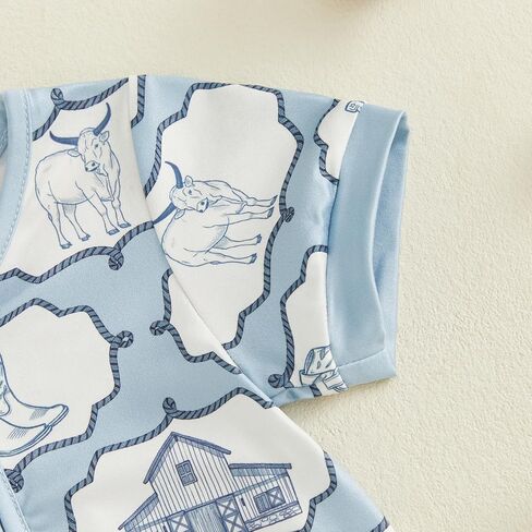 Baby Boy Western Clothes Cowboy Outfit Summer Newborn Horse Print Short Sleeve Romper Infant Country Zipper Jumpsuit in Kuwait