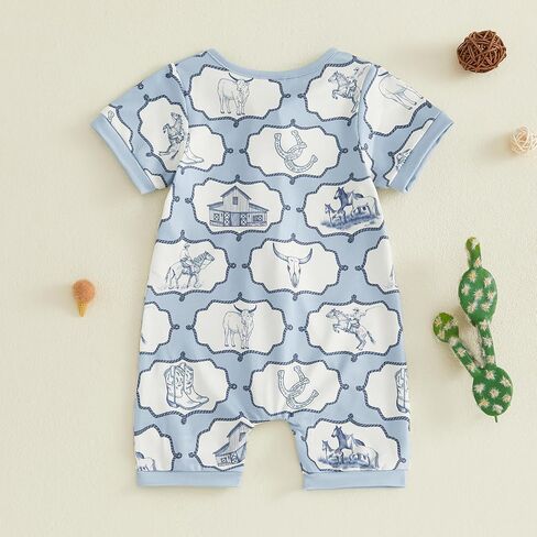 Baby Boy Western Clothes Cowboy Outfit Summer Newborn Horse Print Short Sleeve Romper Infant Country Zipper Jumpsuit in Kuwait