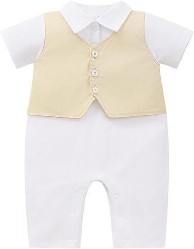 IDOPIP Baby Boy Baptism Outfit White Romper Jumpsuit with Waistcoat 1st Birthday Wedding Suit for Cake Smash Photoshoot 0-18M in Kuwait