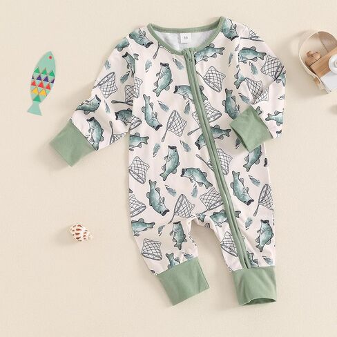 Gaono Newborn Baby Boy Girl Fishing Outfit Long Sleeve Zipper Fish Print Romper Jumpsuit Infant Coming Home Clothes (Green, 3-6 Months) in Kuwait