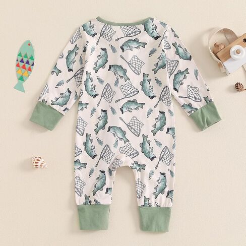 Gaono Newborn Baby Boy Girl Fishing Outfit Long Sleeve Zipper Fish Print Romper Jumpsuit Infant Coming Home Clothes (Green, 3-6 Months) in Kuwait