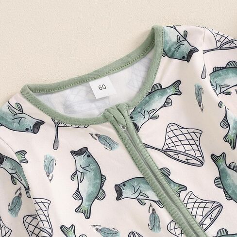 Gaono Newborn Baby Boy Girl Fishing Outfit Long Sleeve Zipper Fish Print Romper Jumpsuit Infant Coming Home Clothes (Green, 3-6 Months) in Kuwait