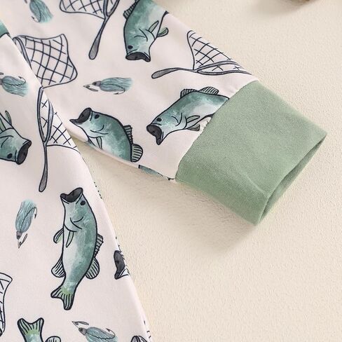 Gaono Newborn Baby Boy Girl Fishing Outfit Long Sleeve Zipper Fish Print Romper Jumpsuit Infant Coming Home Clothes (Green, 3-6 Months) in Kuwait