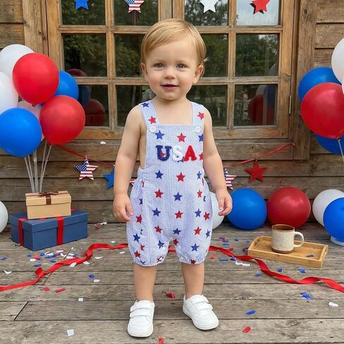 YINGISFITM 4th Fourth of July Baby Girl Boy Outfit USA Bubble Romper Suspender Overalls Shorts Independence Day Clothes in Kuwait
