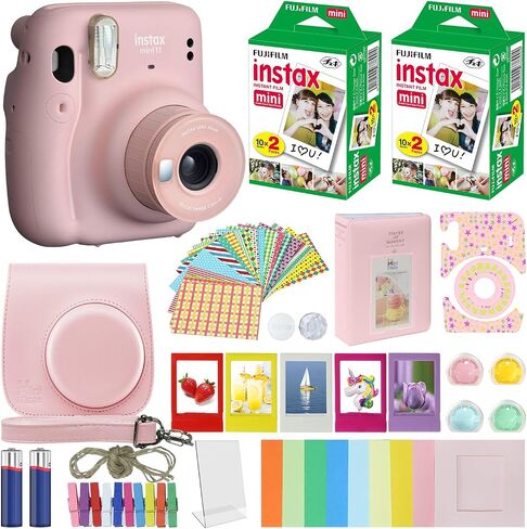 Fujifilm Instax Mini 11 Instant Camera Blush Pink + MiniMate Accessories Bundle + Fuji Instax Film Value Pack (40 Sheets) Accessories Bundle, Color Filters, Album, Frames in Kuwait