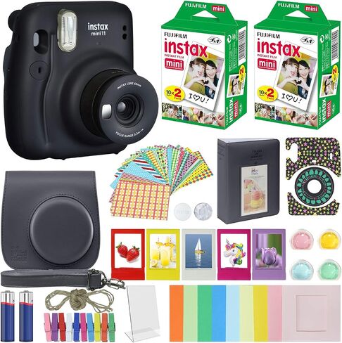 Fujifilm Instax Mini 11 Instant Camera Charcoal Gray + MiniMate Accessories Bundle + Fuji Instax Film Value Pack (40 Sheets) Accessories Bundle, Color Filters , Album, Frames in Kuwait