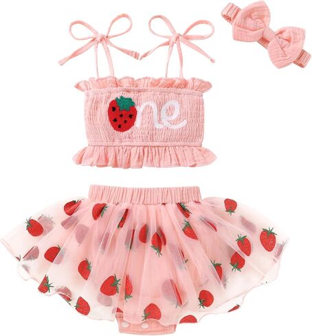 HAPPYMA Baby Girl 1st Birthday Outfit ONE Embroidery Tops Tulle Tutu Skirt with Headband Baby First Birthday Clothes Set in Kuwait