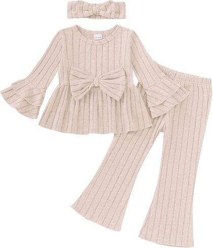 SODLON Baby Girl Clothes Toddler Fall Winter Outfits Ruffle Long Sleeve Bow Top Flared Pants Set Bell Bottom Clothing 18M-5T in Kuwait
