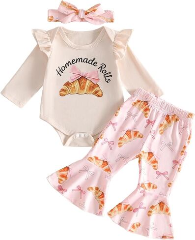 Baby Girl Halloween Outfit Pumpkin Romper and Flare Pants Sets Fall Clothes | Infant Baby Girl Fall Clothes Long Sleeve Bow Pumpkin Print Romper Bell Bottoms Pants Sets Cute Halloween Outfit in Kuwait