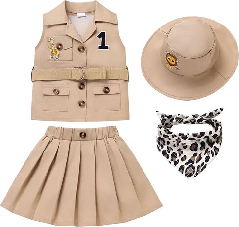 OBEEII Toddler Girls Safari Outfit Infant Explorer Wild One Year Birthday Vest Top Skirt Set Giraffe Zoo Keeper Outfits in Kuwait