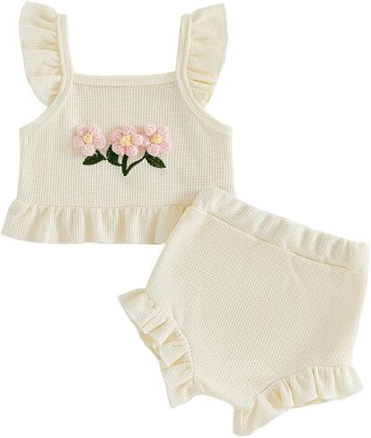 Baby Girl Clothes Infant Summer Toddler Outfits Ruffle Sleeveless Floral Embroidery Tank Top Shorts 2Pcs Waffle Sets in Kuwait