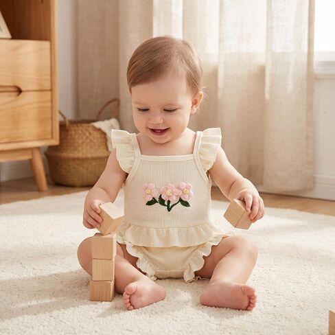 Baby Girl Clothes Infant Summer Toddler Outfits Ruffle Sleeveless Floral Embroidery Tank Top Shorts 2Pcs Waffle Sets in Kuwait