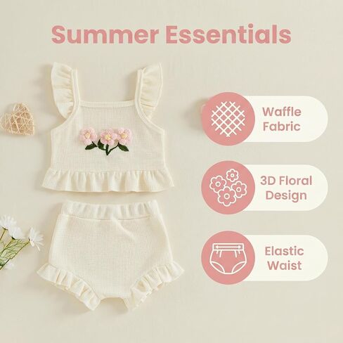 Baby Girl Clothes Infant Summer Toddler Outfits Ruffle Sleeveless Floral Embroidery Tank Top Shorts 2Pcs Waffle Sets in Kuwait