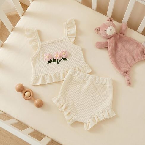 Baby Girl Clothes Infant Summer Toddler Outfits Ruffle Sleeveless Floral Embroidery Tank Top Shorts 2Pcs Waffle Sets in Kuwait