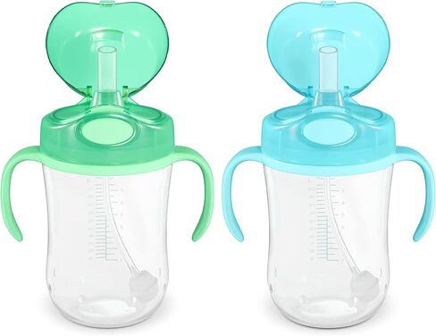 Amazon Basics Spill Proof Dishwasher Safe Silicone Weighted Straw Sippy Cup with Removable Handles, BPA Free, 9 Ounces, Blue/Green, Pack of 2 (Previously Mama Bear) in Kuwait