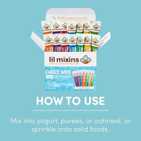 Lil Mixins Allergen Introduction Daily Mix for Babies, Top 7 Allergens | 7 Common Allergens: Peanut, Egg, Cashew, Walnut, Almond, Soy, Sesame, Easy-Mix Powder for Babies 4-12 Months, 1-Month Supply in Kuwait