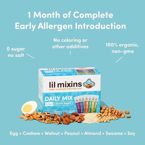 Lil Mixins Allergen Introduction Daily Mix for Babies, Top 7 Allergens | 7 Common Allergens: Peanut, Egg, Cashew, Walnut, Almond, Soy, Sesame, Easy-Mix Powder for Babies 4-12 Months, 1-Month Supply in Kuwait