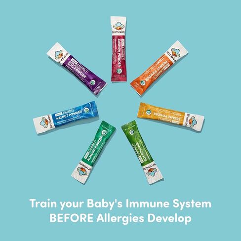 Lil Mixins Allergen Introduction Daily Mix for Babies, Top 7 Allergens | 7 Common Allergens: Peanut, Egg, Cashew, Walnut, Almond, Soy, Sesame, Easy-Mix Powder for Babies 4-12 Months, 1-Month Supply in Kuwait