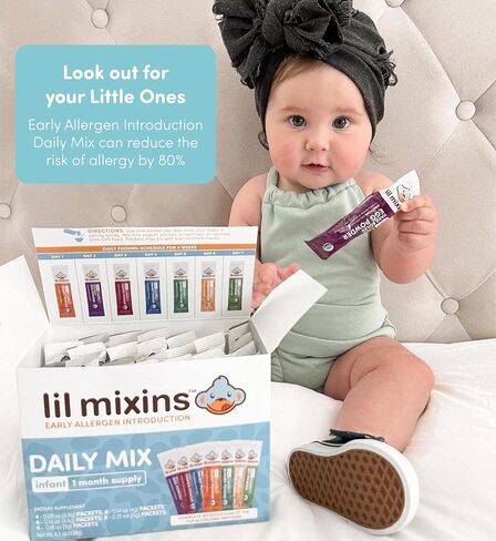 Lil Mixins Allergen Introduction Daily Mix for Babies, Top 7 Allergens | 7 Common Allergens: Peanut, Egg, Cashew, Walnut, Almond, Soy, Sesame, Easy-Mix Powder for Babies 4-12 Months, 1-Month Supply in Kuwait