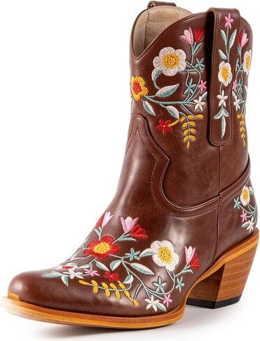 CRYSIGNE Women's Flower Embroidered Ankle Cowgirl Boots Floral Snip Square Toe Western Cowboy Boots Chunky Heel Pull On Short Boots in Kuwait