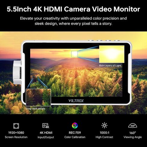 VILTROX DC-V1 Touchscreen Camera Video Monitor, 5.5 Inch 4K HDMI in/Out Video Field Monitor Kit with Sunshade Hood, Support Battery and USB-C, 3D LUT, HDR, 1920X1080（DC-550 Lite Upgrade, White） in Kuwait