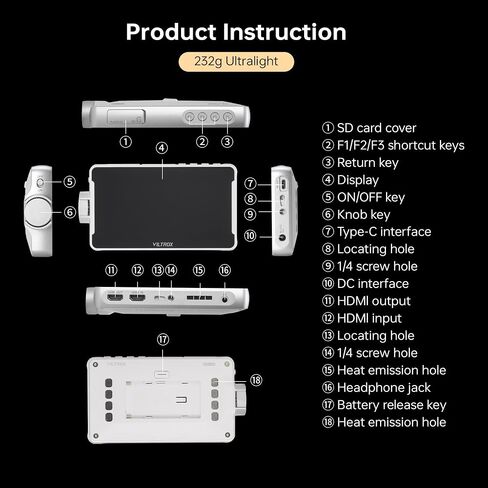 VILTROX DC-V1 Touchscreen Camera Video Monitor, 5.5 Inch 4K HDMI in/Out Video Field Monitor Kit with Sunshade Hood, Support Battery and USB-C, 3D LUT, HDR, 1920X1080（DC-550 Lite Upgrade, White） in Kuwait