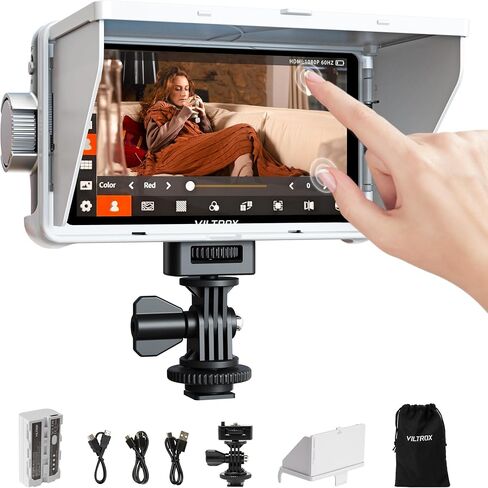 VILTROX DC-V1 Touch Screen Camera Field Monitor, 1920x1080 IPS 5.5 inch DSLR Camera Monitor with Sunshade Hood and Battery, 3D LUT HDR 4K HDMI in/Output Exposure Waveform Focus Assist Video Monitor in Kuwait