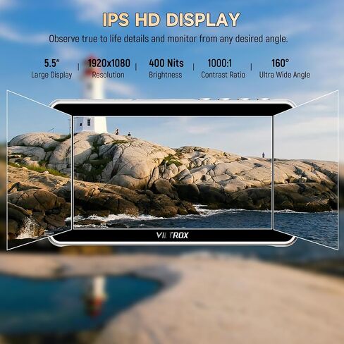 VILTROX DC-V1 Touch Screen Camera Field Monitor, 1920x1080 IPS 5.5 inch DSLR Camera Monitor with Sunshade Hood and Battery, 3D LUT HDR 4K HDMI in/Output Exposure Waveform Focus Assist Video Monitor in Kuwait