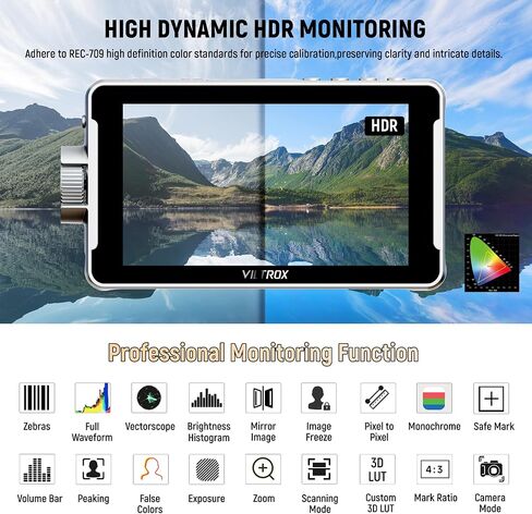 VILTROX DC-V1 Touch Screen Camera Field Monitor, 1920x1080 IPS 5.5 inch DSLR Camera Monitor with Sunshade Hood and Battery, 3D LUT HDR 4K HDMI in/Output Exposure Waveform Focus Assist Video Monitor in Kuwait