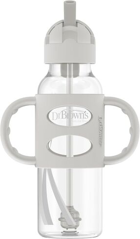 Dr. Brown's Milestones Narrow Sippy Straw Bottle, Spill-Proof with 100% Silicone Handles and Weighted Straw, 8 oz/250 mL, Gray, 6m+ in Kuwait