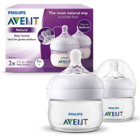 Philips Avent Natural Baby Bottles, First Flow, 2 oz, BPA-Free, 2-Pack | Baby-Controlled Flow, No-Drip Design, Reduces Colic and Gas with Anti-Colic Valve, Natural Latch-On, SCF019/25 in Kuwait