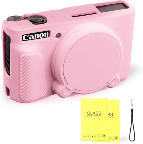 Silicone Camera Case for Canon PowerShot SX740 / SX730 HS Digital Camera, Soft Silicone Protective Case, Removable Lens Cover with 2 x Tempered Glass Protectors & 1 x Wrist Strap (Pink) in Kuwait