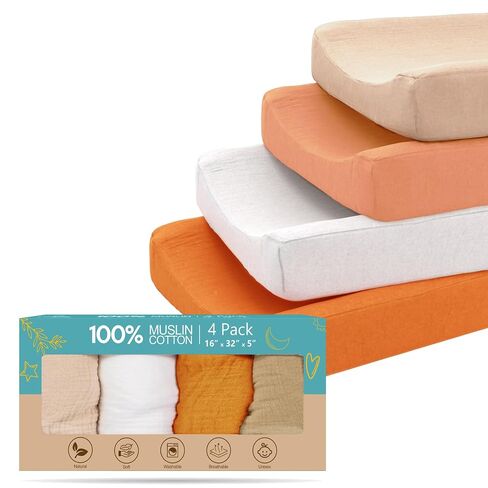 100% Muslin Changing Pad Cover, 120GSM Baby Changing Pad Covers | Fade-Resistant Prints for Boys & Girls, Pack of 2, Soft Breathable Cover with Secure Fit for Changing Pads and Nursery Use. in Kuwait