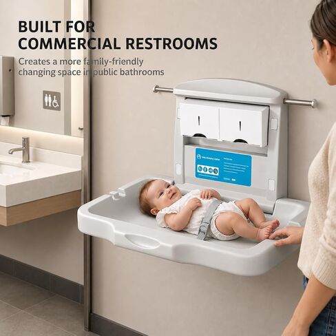Baby Changing Station Wall Mounted: Horizontal Diaper Changing Table Foldable Diaper Tables with Safety Strap, ADA Complaint for Commercial Bathroom/Nursery/Public Restroom in Kuwait