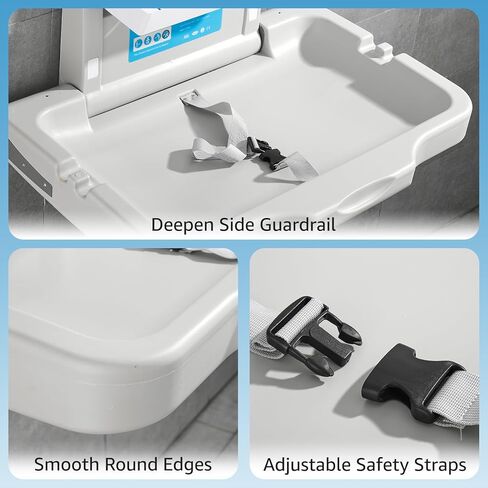Baby Changing Station Wall Mounted: Horizontal Diaper Changing Table Foldable Diaper Tables with Safety Strap, ADA Complaint for Commercial Bathroom/Nursery/Public Restroom in Kuwait