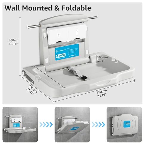 Baby Changing Station Wall Mounted: Horizontal Diaper Changing Table Foldable Diaper Tables with Safety Strap, ADA Complaint for Commercial Bathroom/Nursery/Public Restroom in Kuwait