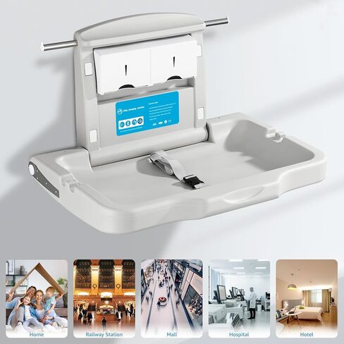 Baby Changing Station Wall Mounted: Horizontal Diaper Changing Table Foldable Diaper Tables with Safety Strap, ADA Complaint for Commercial Bathroom/Nursery/Public Restroom in Kuwait