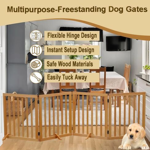 Wooden Foldable Dog Gate Freestanding 4 Panels Puppy Safety Fence-Brown | 80.9" W x 23.6" H Indoor Pet Barrier for Stairs Hallways Doorways in Kuwait