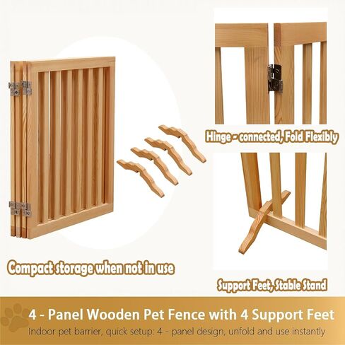 Wooden Foldable Dog Gate Freestanding 4 Panels Puppy Safety Fence-Brown | 80.9" W x 23.6" H Indoor Pet Barrier for Stairs Hallways Doorways in Kuwait