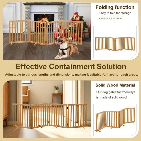 Wooden Foldable Dog Gate Freestanding 4 Panels Puppy Safety Fence-Brown | 80.9" W x 23.6" H Indoor Pet Barrier for Stairs Hallways Doorways in Kuwait
