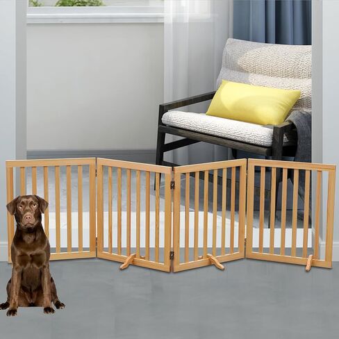 Wooden Foldable Dog Gate Freestanding 4 Panels Puppy Safety Fence-Brown | 80.9" W x 23.6" H Indoor Pet Barrier for Stairs Hallways Doorways in Kuwait